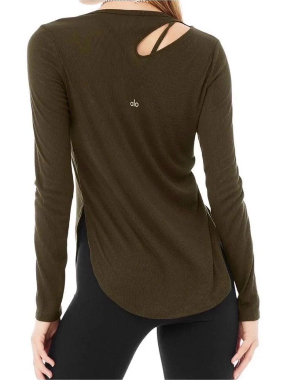 ALO Yoga Peak cutout dark Green  t-shirt Long Sleeve Cutout Shoulder Design XS